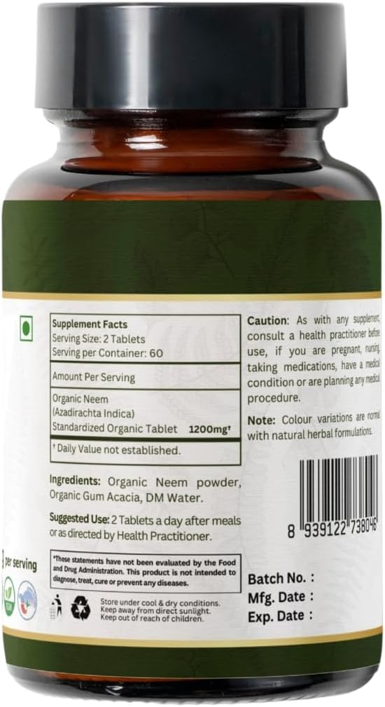 NEEM 120 Tablets | Azadirachta Indica (Neem) | USDA Organic Certified | Healthy Skin and Detox | Organic and Natural 120tab - Pack of 2