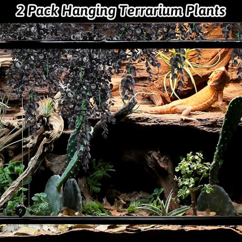 Hamiledyi 4 PCS Reptile Plants, Hanging Terrarium Plants, Artificial Leaves Habitat Decorations with Suction Cup, Fake Amphibian Plants for Bearded Dragon Lizard Hermit Crab Geckos Chameleon(Black) - size: 4 PCS