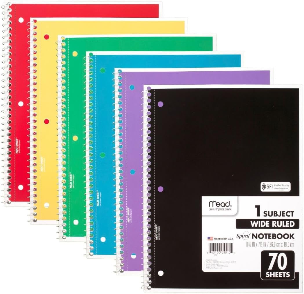 Mead Spiral Notebook, 24 Pack, 1 Subject, Wide Ruled Paper, 7-1/2" x 10-1/2", 70 Sheets per Notebook, Colors Will Vary (930203-ECM25)