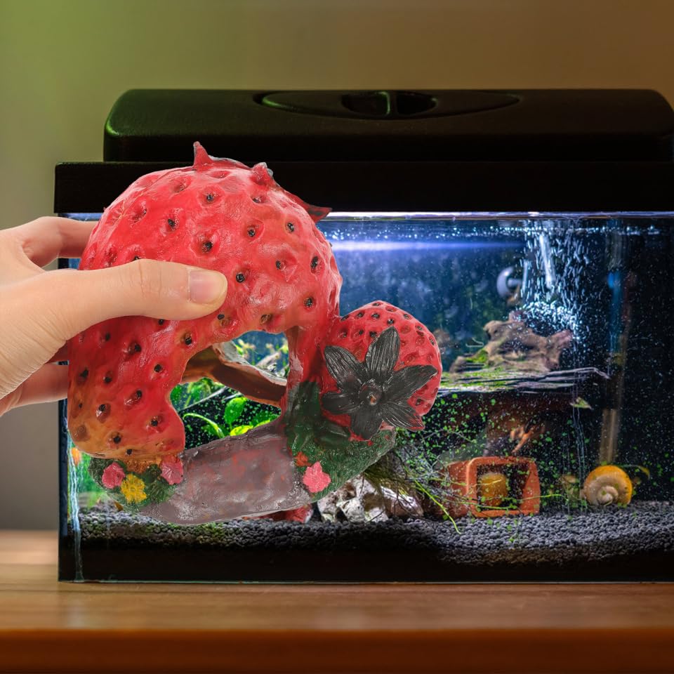 POPETPOP Strawberry Shaped Reptile Hideout Resin Cave for Bearded Dragon Lizard Turtle Habitat Basking Platform Aquarium Decor Shelter 5.11X4.33X4.33In