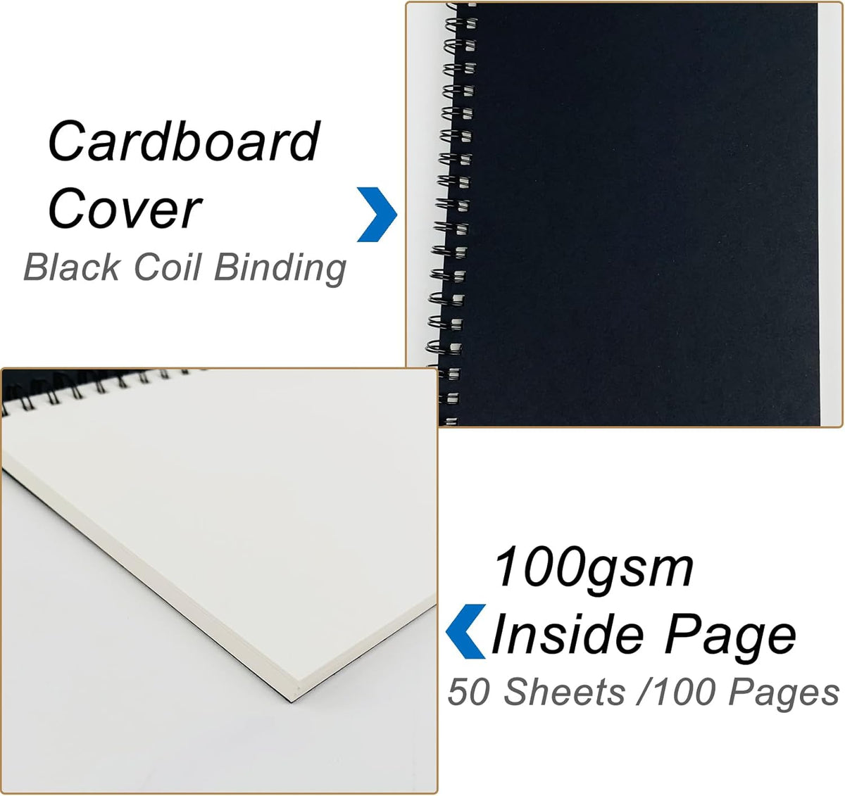 DSTELIN Blank Spiral Notebook, 2-Pack, Soft Cover, Sketch book, 100 Pages / 50 Sheets, 7.5 inch x 5.1 inch, 100GSM, (Black)