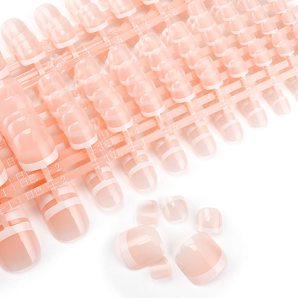 Liarty 280Pcs French Tip Toenails, Short Square False Toe Nails Glossy, Press On Toe Nails 14 Different Size Full Cover, Nail Ti