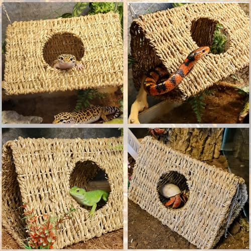 Reptile Hide Cave,Hanging Seagrass Fiber Bearded Dragon Hammock Swing Climbing Toys with Plants Decor,Gecko Hideout Hollow Cave Tank Accessories for Lizard Snake-Triangle L - size: Triangle L:9.84*7.09*5.91"