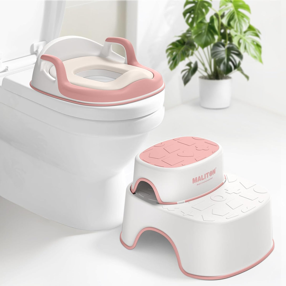 Maliton Potty Training Toilet Seat & Step Stool, 2-in-1 Anti-Slip Grey | Potty Seat + Separate Step Stool, Adjustable Fits More Toilets, Anti-Slip, Sturdy, Splash Guard, Easy clean,Boys & Girls.