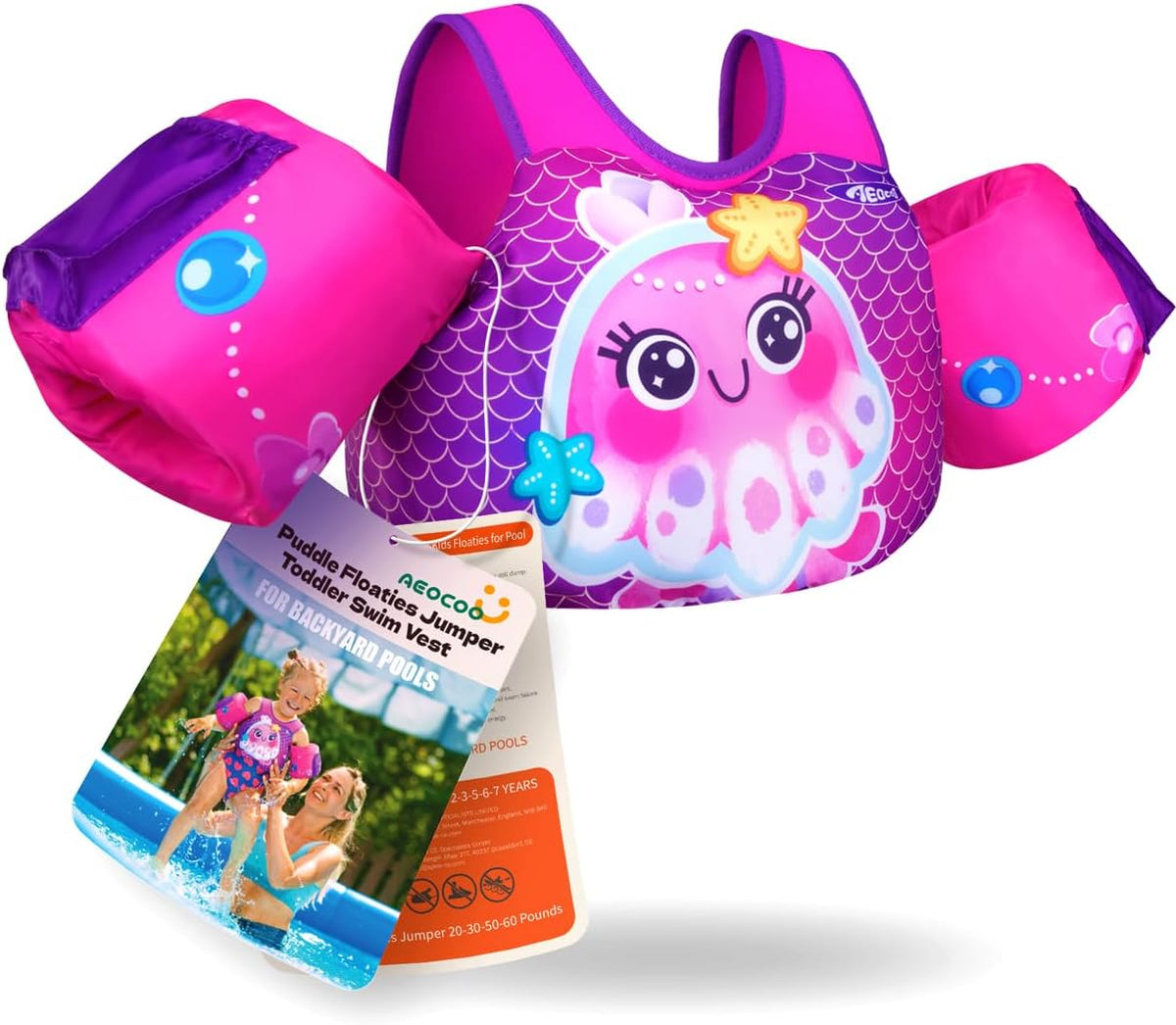 AEOCOO Puddle Float Jumper for Swiming, Toddler Swim Vest for Water Play, Pool Floats with Swimming Arm Floaties Swim Jacket & Water Wings for Kids Swimmies, Boys, Girls, Niños
