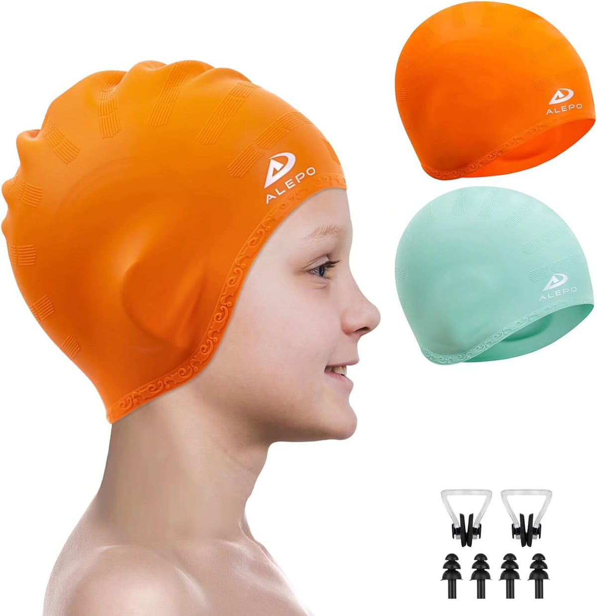 Alepo 2 Pack Kids Swim Caps for Boys Girls, Durable Silicone Swimming Cap with 3D Ear Pockets for Age 3-15 Toddler Child Youth Teen, Unisex Swim Bath Hats for Short/Long Hair with Ear Plugs Nose Clip