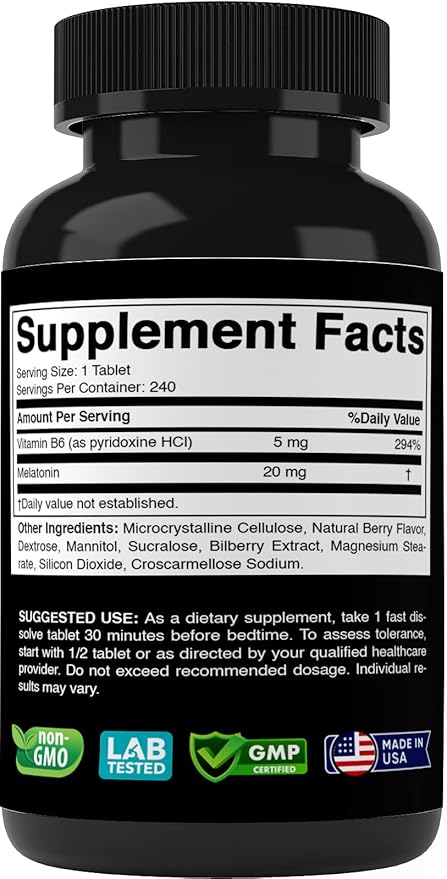 Melatonin 20 mg - 240 Fast Dissolve Tablets - Drug Free - Natural Berry Flavor - Vegetarian, Non-GMO, Gluten Free 240 Count (Pack of 1) (240 Count (Pack of 1))