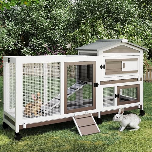 Gowoodhut Rabbit Hutch Indoor Outdoor 2 Story Bunny Cage with 3 No Leak Trays,55.31" L Guinea Pig Cages Rabbit Cage with 6 Wheels for Guinea Pig,Rabbit for Rabbit Lover|Pet Lover(White/Grey) - size: 55.3"L x 21.7"W x 34.7"H
