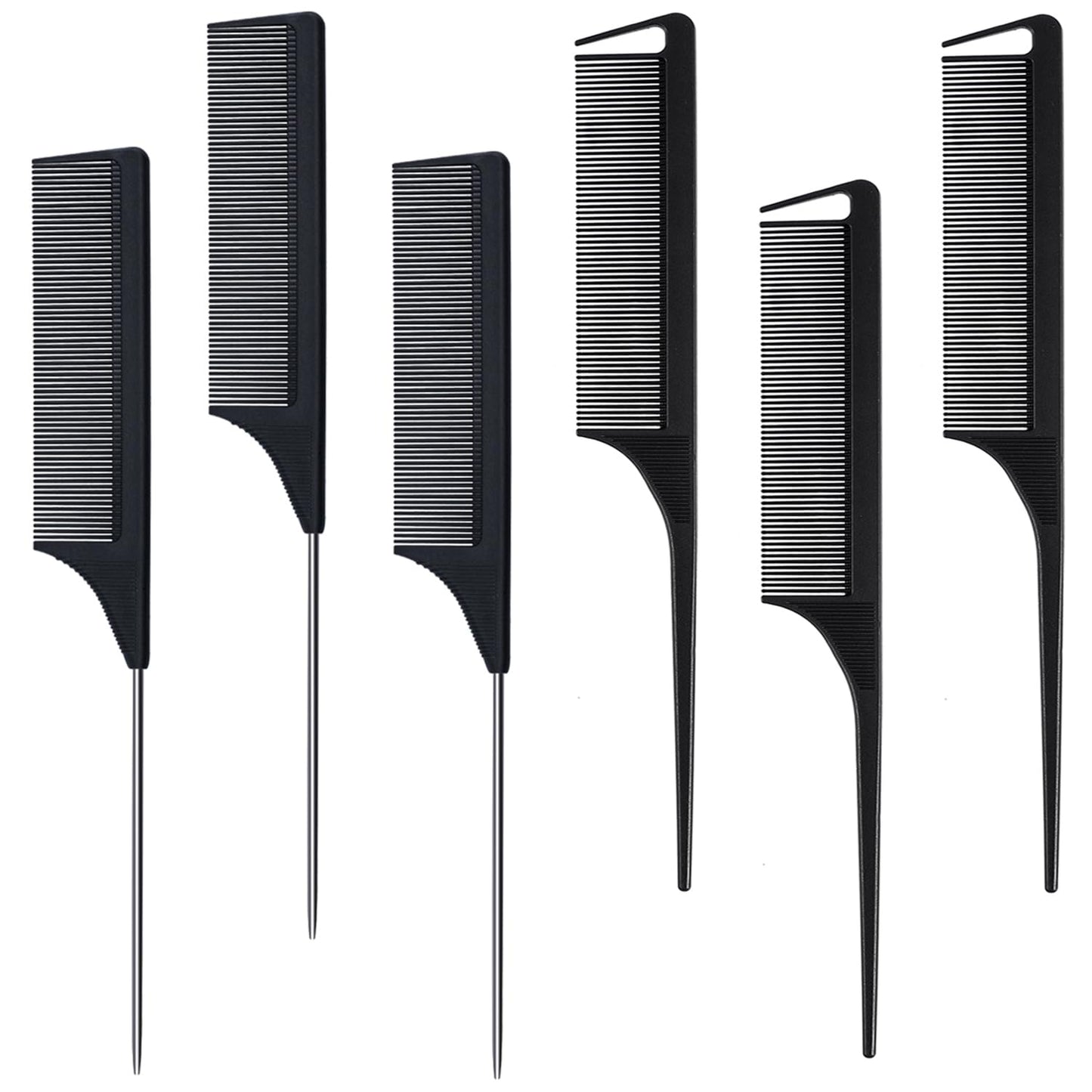 Modengkongjian 6 Packs Hair Rat Tail Combs Parting Rattail Combs Carbon Fiber Heat Resistant Teasing Combs With Stainless Steel