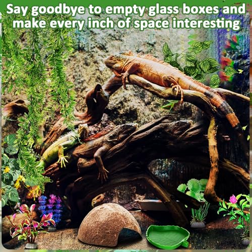 Foilswirl 32 Pcs Bearded Dragon Tank Accessories Reptile Hammock Coconut Shell Nest Jungle Climber Vines Terrarium Branch Plant Feeder Habitat Decor for Hiding Climbing Snake Gecko Lizard Chameleon