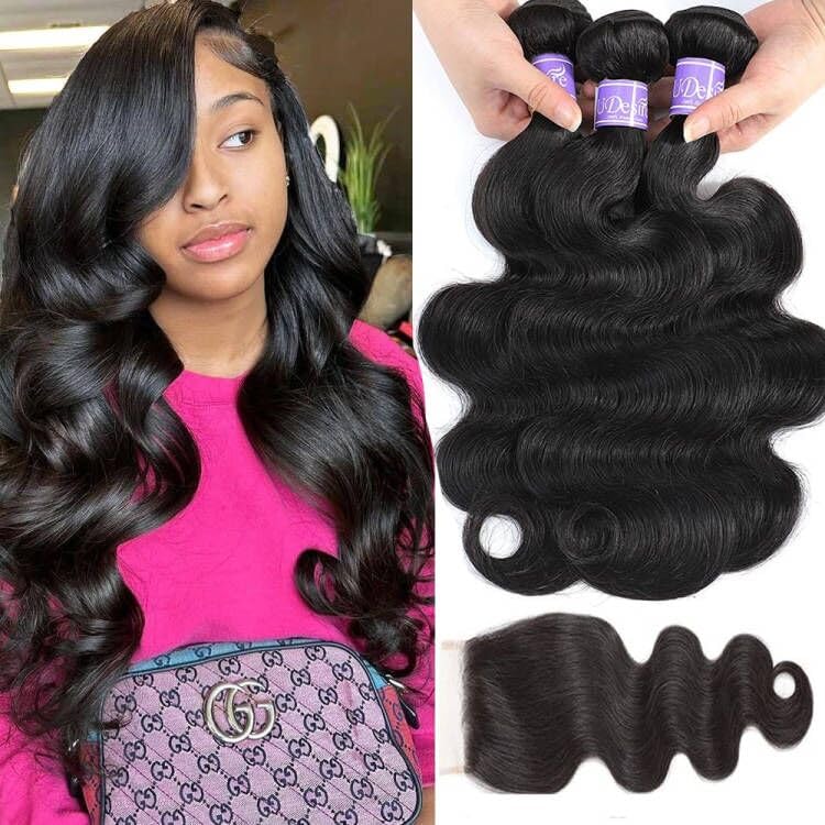 Udesire Hair 12A Brazilian Body Wave Virgin Hair 3 Bundles With Free Part Closure (14 16 18+12,Natural Black) 100% Unprocessed B