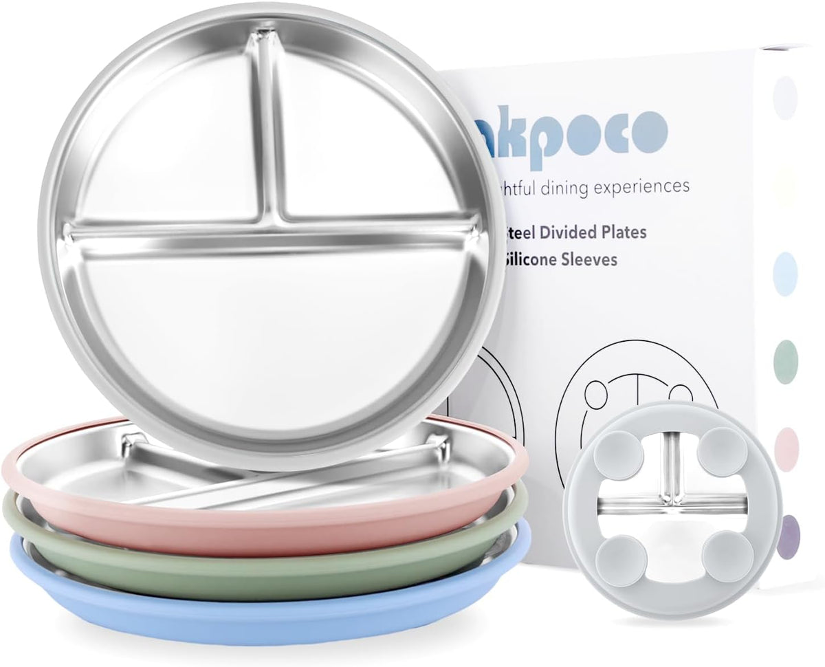 Bakpoco Stainless Steel Toddler Plate with Suction, 9” Divided Plates with Removable Silicone Sleeves for Kids, Non Toxic & BPA Free | Non Slip | Unbreakable Baby Snack Dishes Set of 2, Blue & Gray