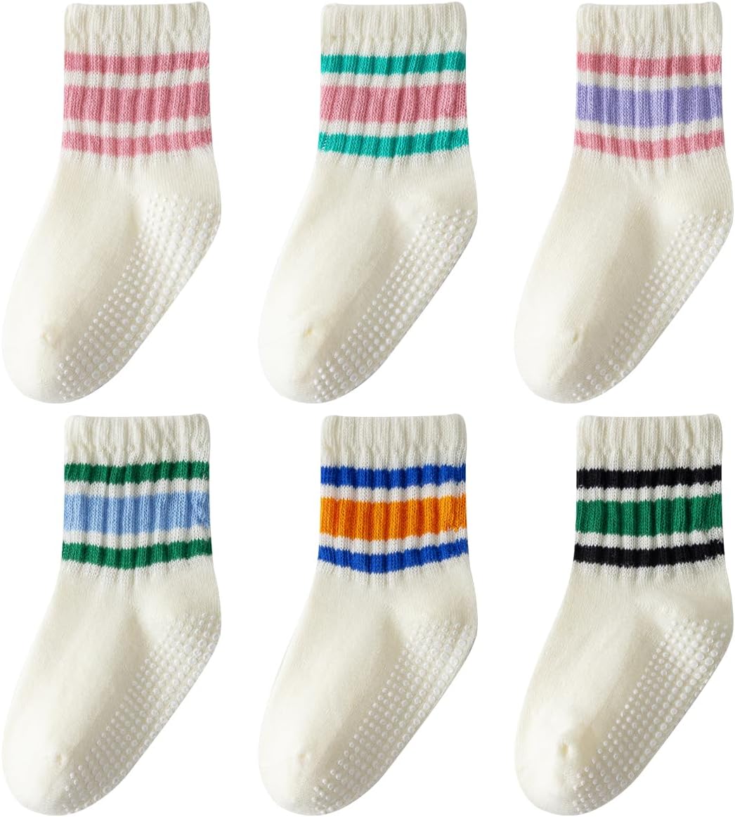 Toddler Grip Socks with Non-Slip Unisex Baby Stripe Crew Cotton Socks | Retro Seamless Ankle Socks for Girls Boys 6 Pairs