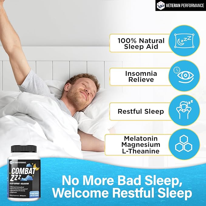 Combat ZZZ Natural Sleep + Relaxation Aids for Adults β Sleep Supplement with Melatonin L-Theanine Vitamin B6 GABA Magnesium Sleep Aid (60 Pills) (60 Count (Pack of 1))