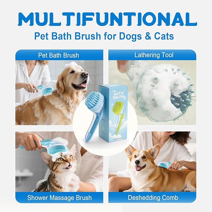 Dog Bath Brush, Silicone Pet Bath Brush with Soap Dispenser,Deep Cleansing & Gentle Massage for Dogs & Cats, Suitable for Long & Short Hair, Easy Grip, Bathing & Grooming(Blue)