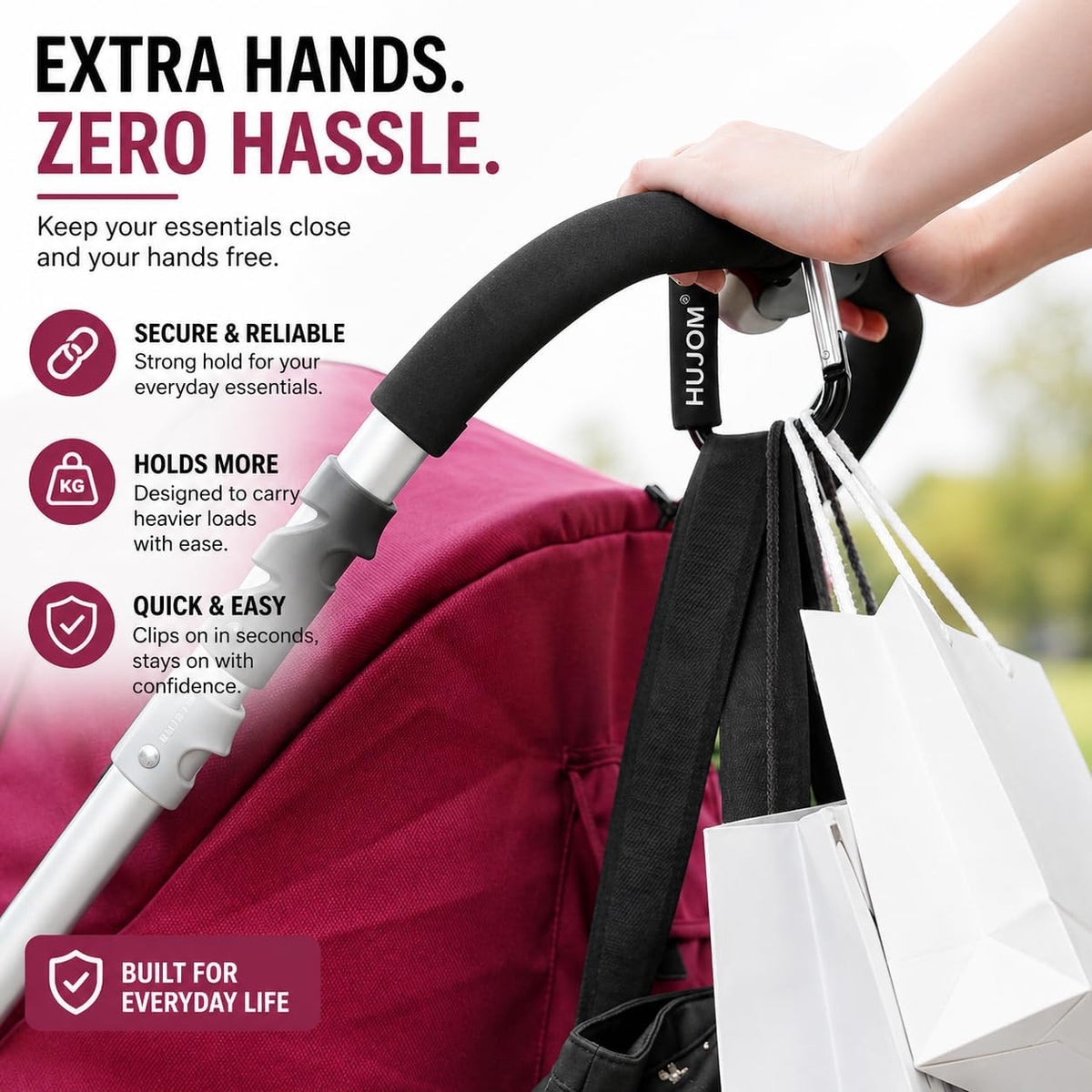 Stroller Hooks 2 Pack Heavy Duty Large Carabiner Clips for Bags & Baby Gear | Universal Fit, Hang Diaper, Purse, Grocery & Shopping Bags, Mommy Accessories, Backpack, Camping, Hiking, Travel, Moms gift