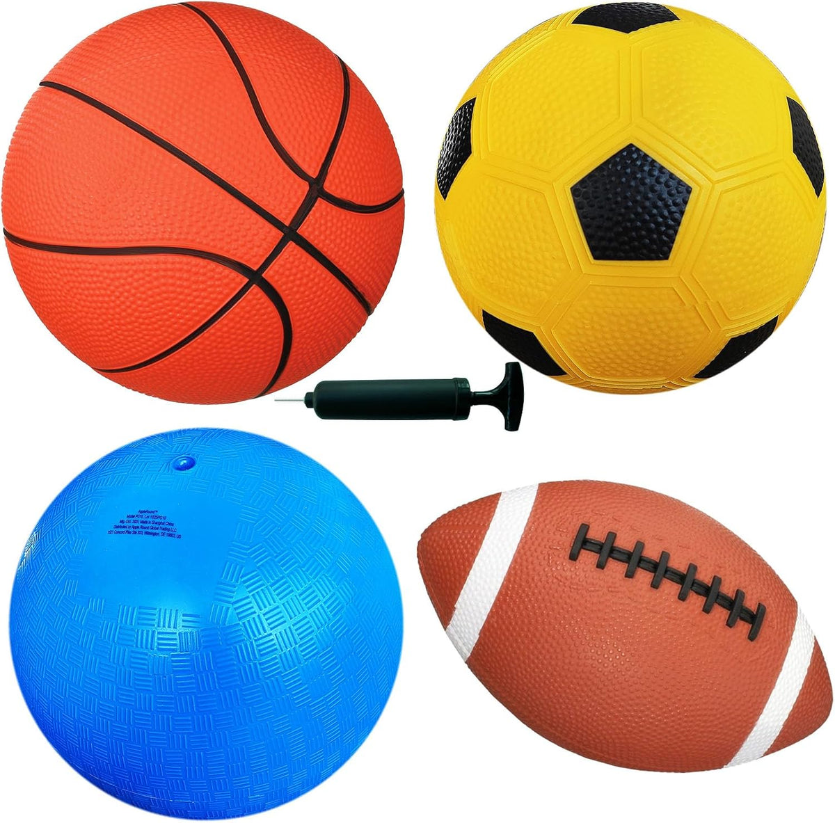 AppleRound 4-Pack Sports Balls for Toddlers & Kids with Pump – 5-Inch Soccer Ball, Basketball, Playground Ball & 6.5-Inch Football – Soft Small Balls for Indoor/Outdoor Play (Ages 2-7)