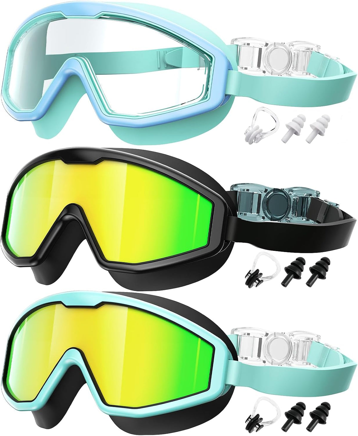 Kids Goggles Age 4-16, Anti-Fog UV 180°Clear View Kids Swim Goggles, 3 Pack Swimming Goggles Waterproof Pool Goggles