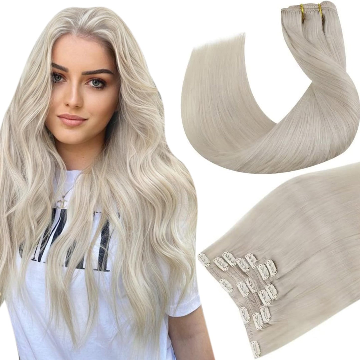 Hetto Blonde Clip In Hair Extensions Human Hair #60 Platinum Blonde Clip In Extensions Remy Hair 120G 7Pcs Silky Straight Clip I