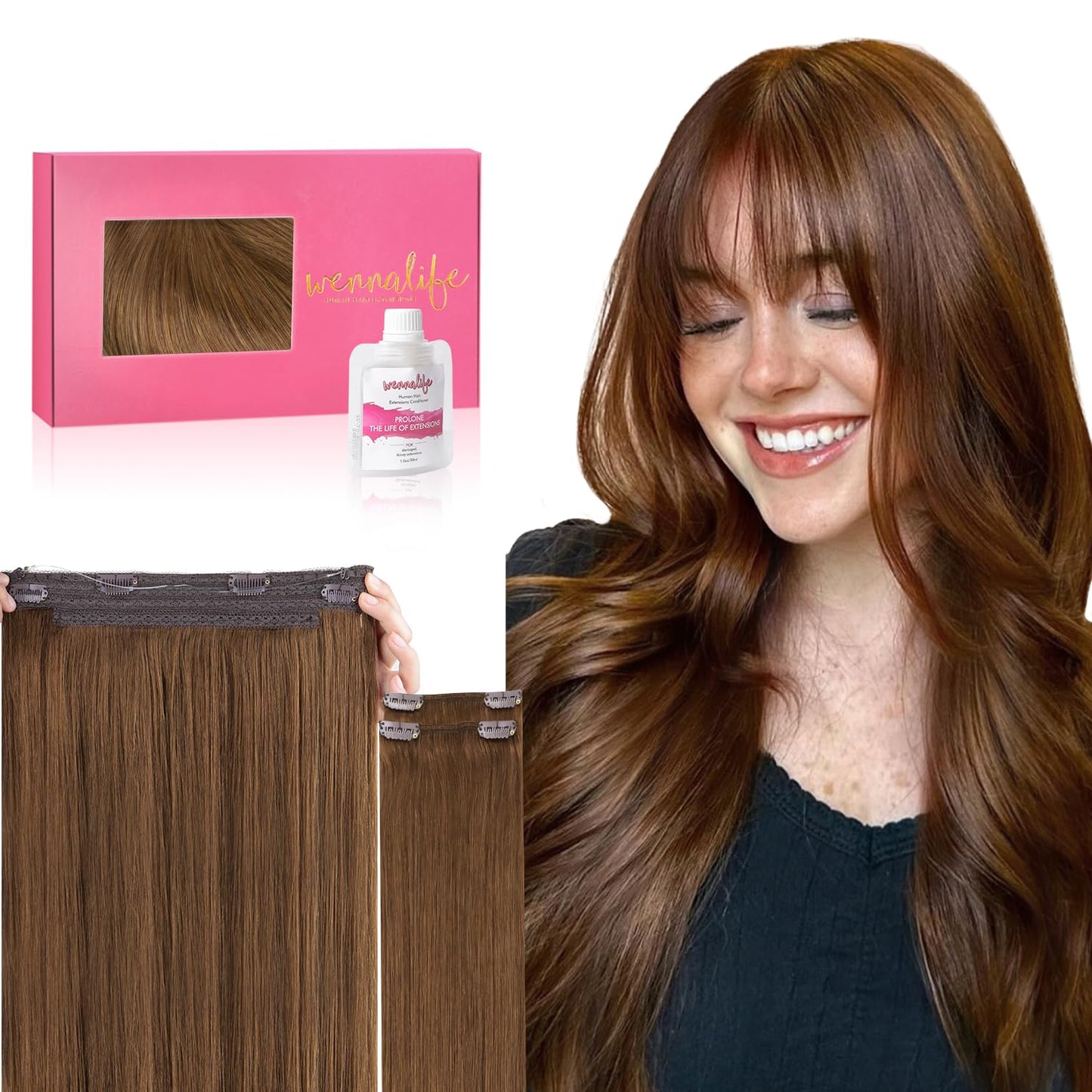 Wennalife Wire Hair Extensions (Increase 50% Lifespan) Real Human Hair 18 Inch 125G Light Auburn Brown Remy Real Hair Extensions