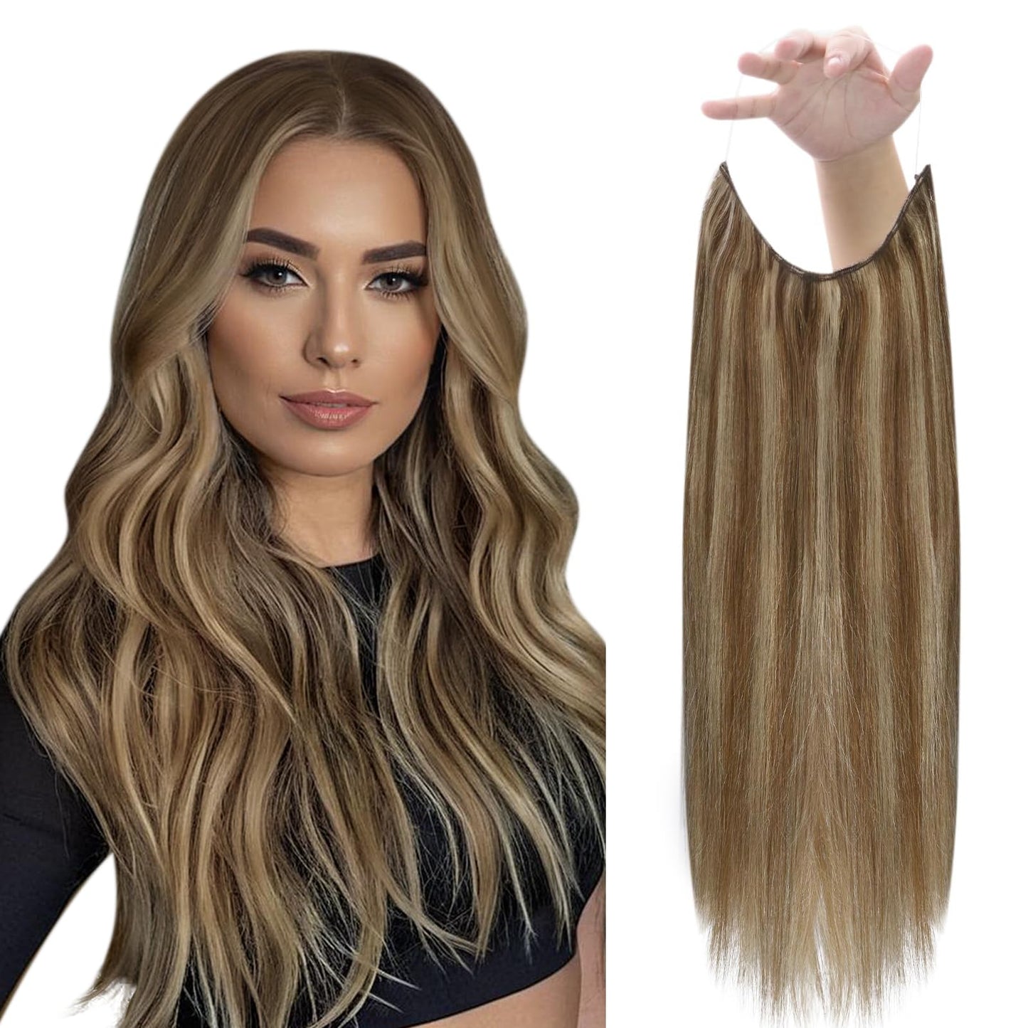 Fshine Invisible Wire Hair Extensions Real Human Hair Brown Highlights Clip In Hair Extensions Medium Brown Mix Honey Blonde Hum