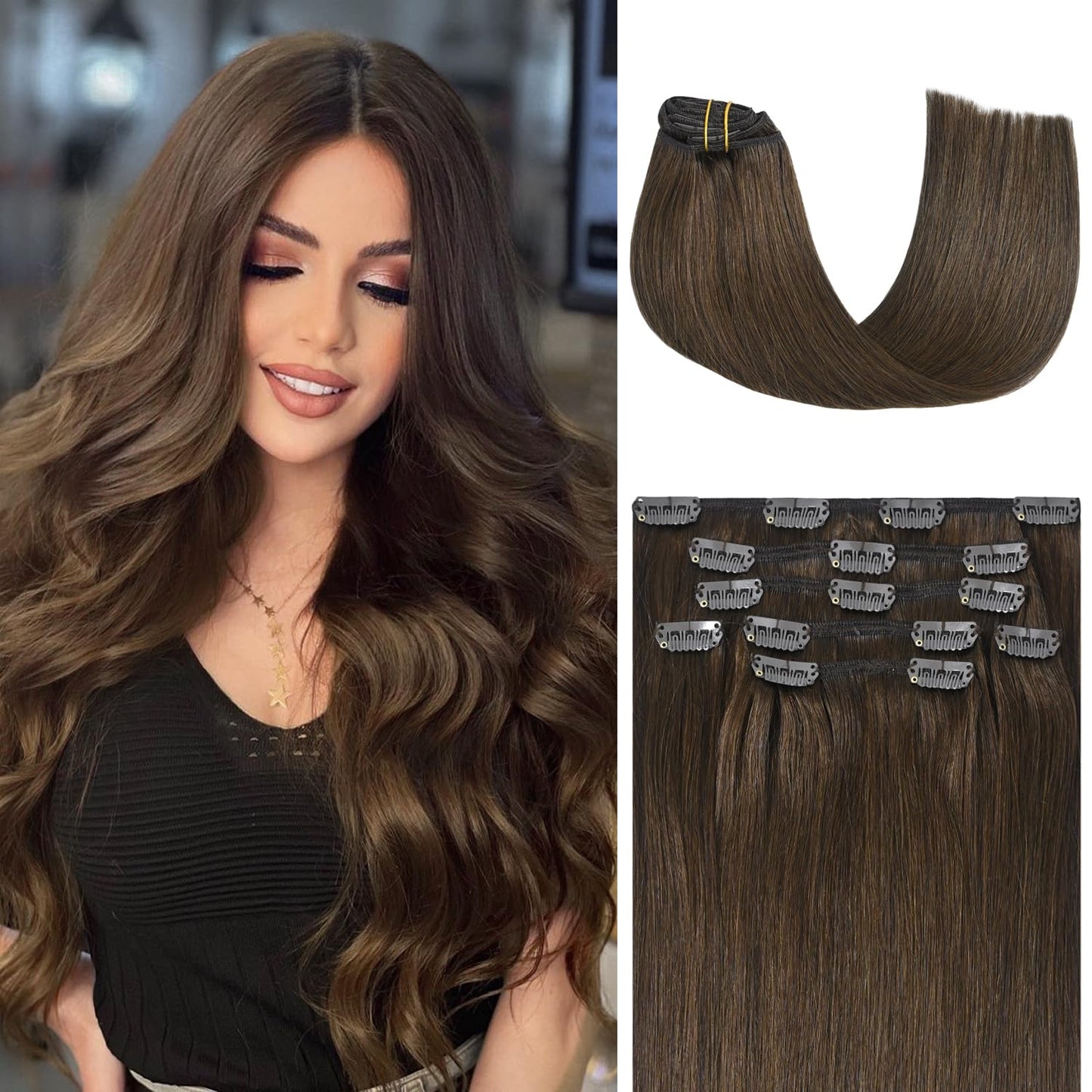 Honsoo Hair Extensions Clip In Human Hair Extensions Medium Brown 70G 20In 7Pcs Natural Soft Hair, Can Be Styled Long Straight H