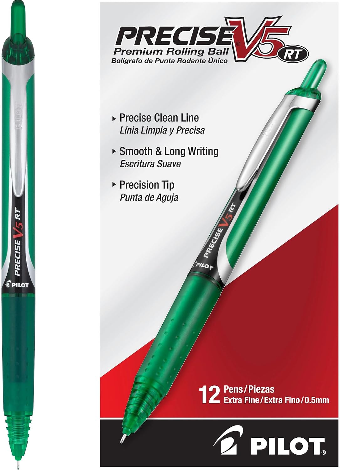 Pilot Precise V5 RT Refillable & Retractable Rollerball Pens, Extra Fine Point Pens 0.5 mm, Black, Pack of 12 - Ideal for School, Journaling & Office Writing