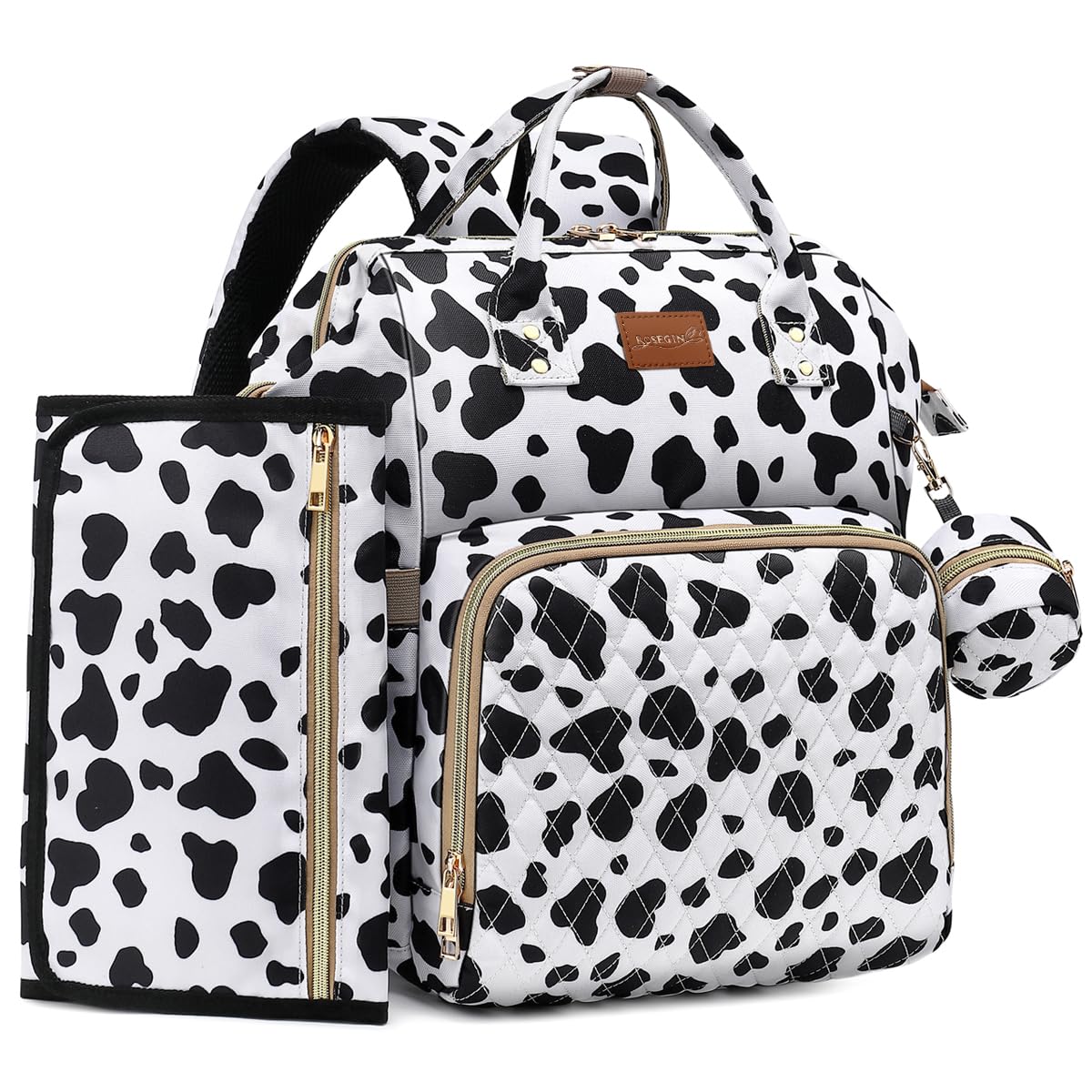 ROSEGIN Diaper Bag Backpack with Changing Pad Pacifier Case, Baby Bag for Boy Girl Toddler - Large,Stylish, Waterproof Travel Quilted Diaper Bag for Mom - Baby Shower Gifts, Black