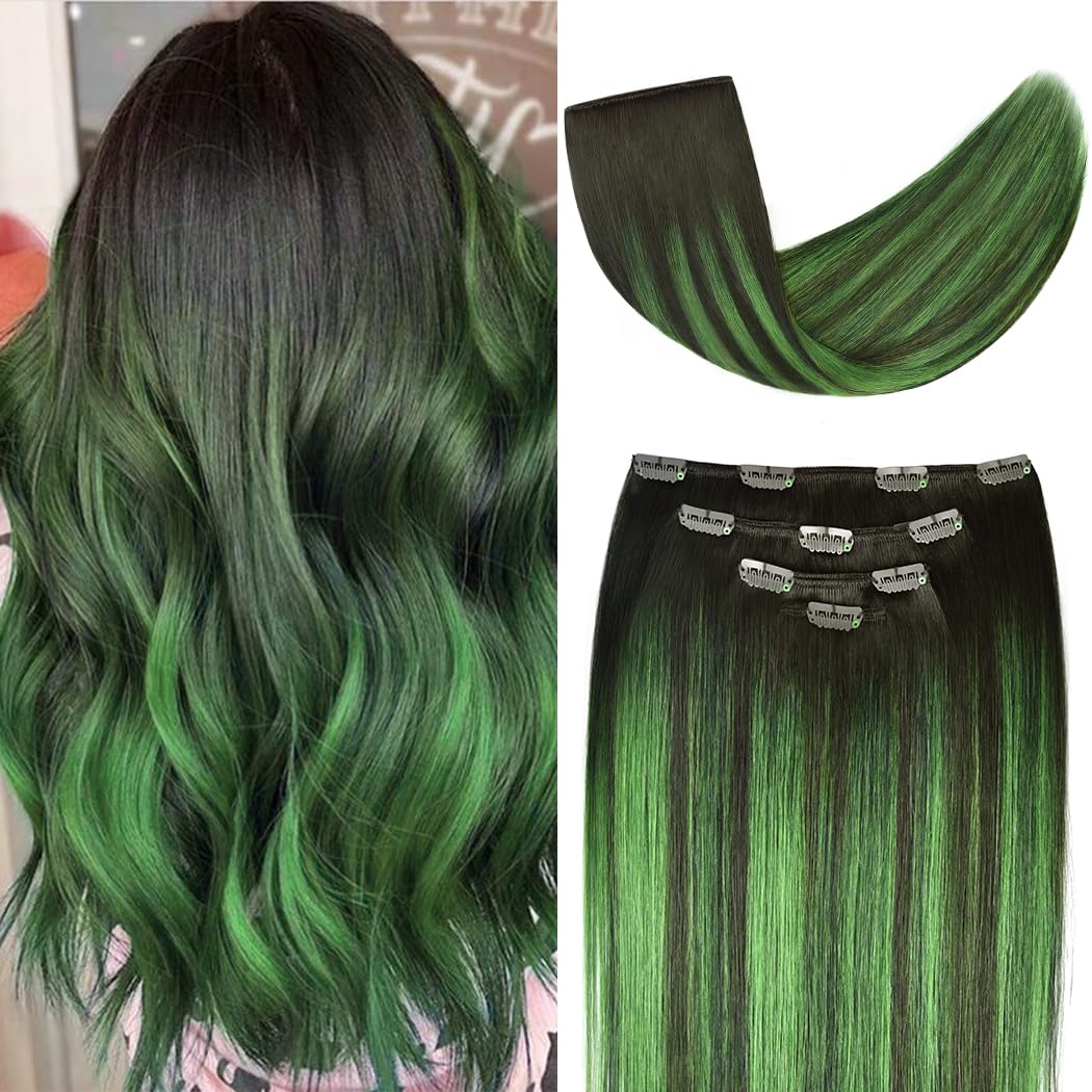 12'' Clip In Hair Extensions Remy Human Hair Teal Balayage For Women - Silky Straight 100% Real Human Hair 50Grams 4Pieces #(1B/