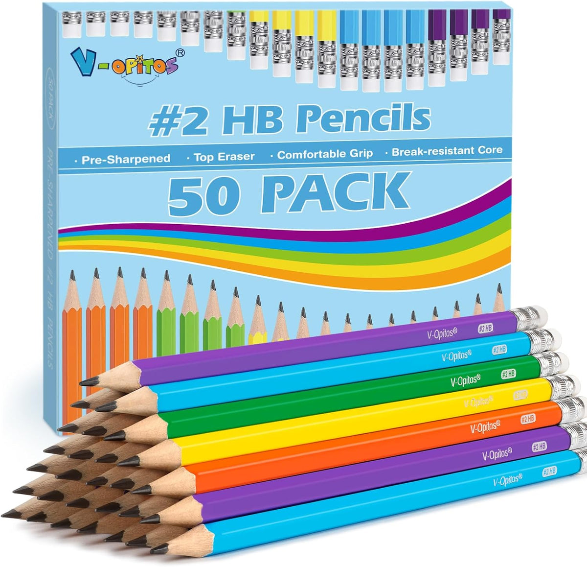 V-Opitos Wood-Cased #2 HB Pencils, 50 Pack Bulk Yellow Pencils with Erasers, Pre-Sharpened, School Classroom Teacher Supplies for Writing, Drawing and Sketching