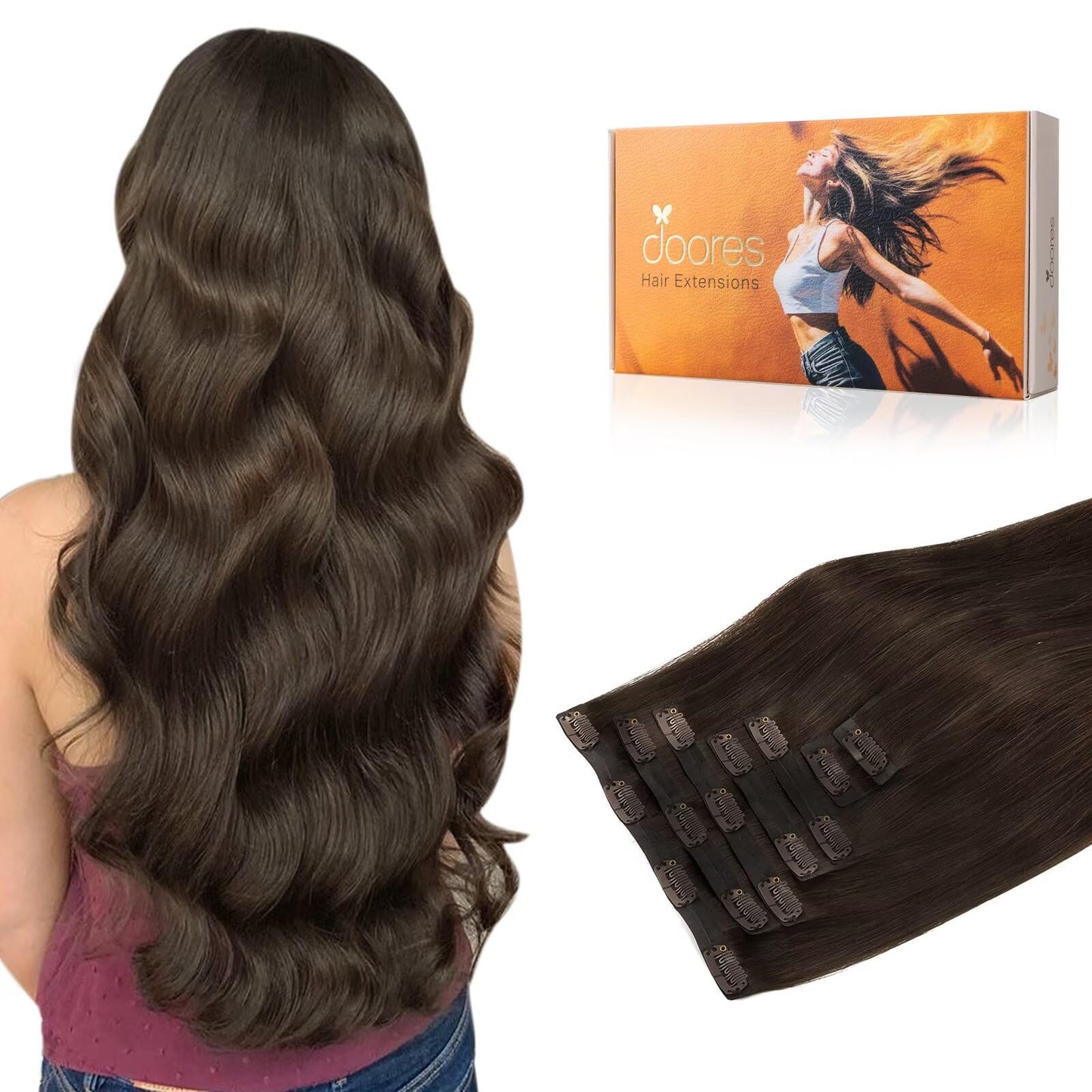 Doores Real Human Hair Extensions, Light Dark Brown, 16 Inch 110G 7Pcs, Clip In, Seamless, Remy, Invisi Edge, Straight