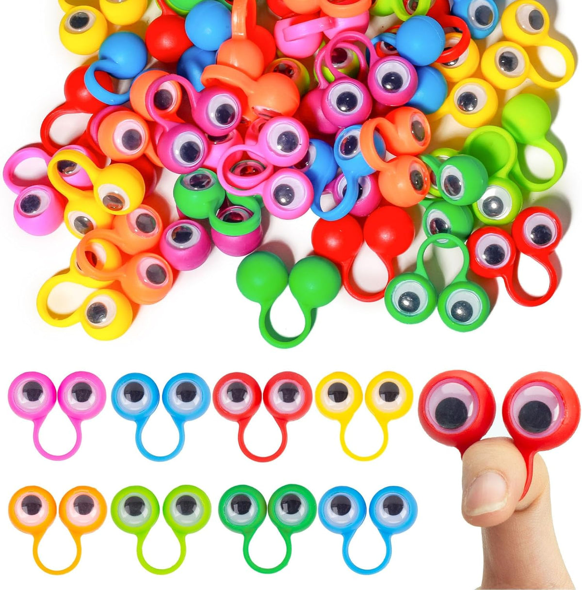 3 Otters Multicolor Googly Eye Finger Puppets Rings for Kids, Safe Non-Toxic Plastic Trinkets, Ideal Party Favors, School Prizes, and Goodie Bag Stuffers for Creative Play.