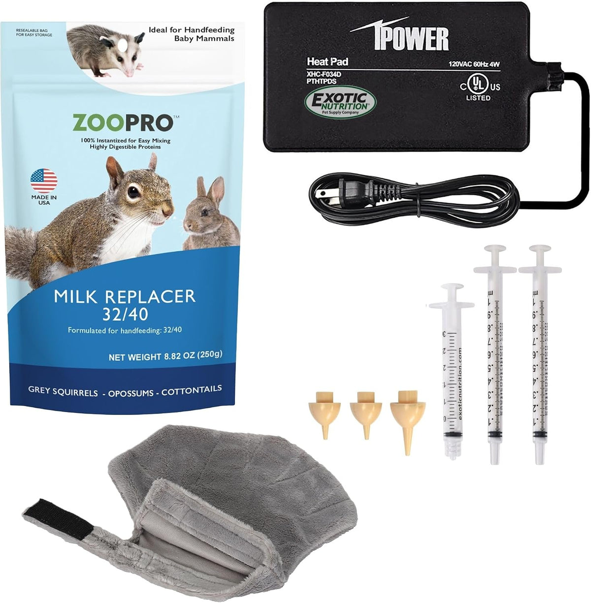 Exotic Nutrition Baby Squirrel Nursing Set (Basic) - Milk Replacer, Feeding Syringes