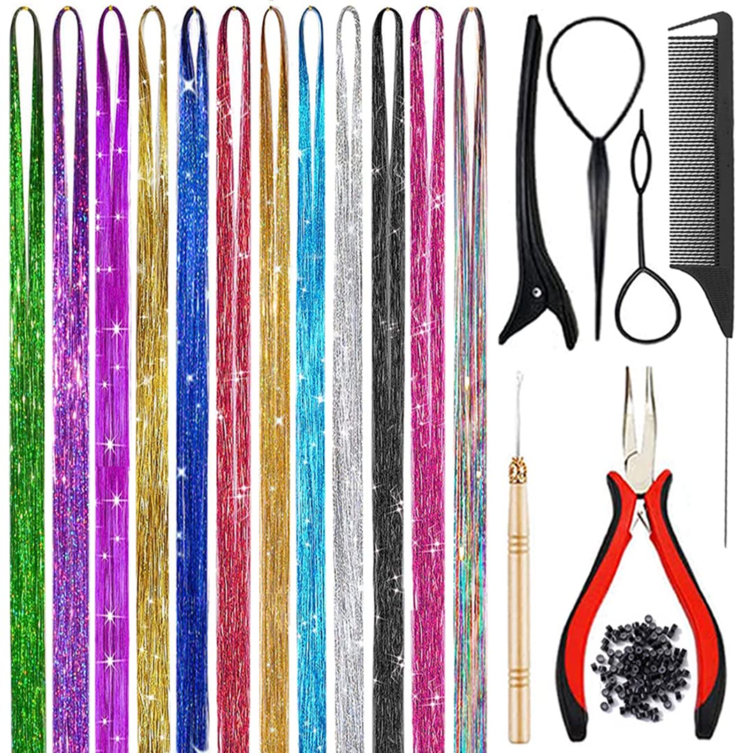 Hair Tinsel Kit With Tool 3200 Strands Tinsel Hair Extensions 12 Colors Fairy Hair Tinsel, Sparkling Shiny Hair Tinsel Heat Resi