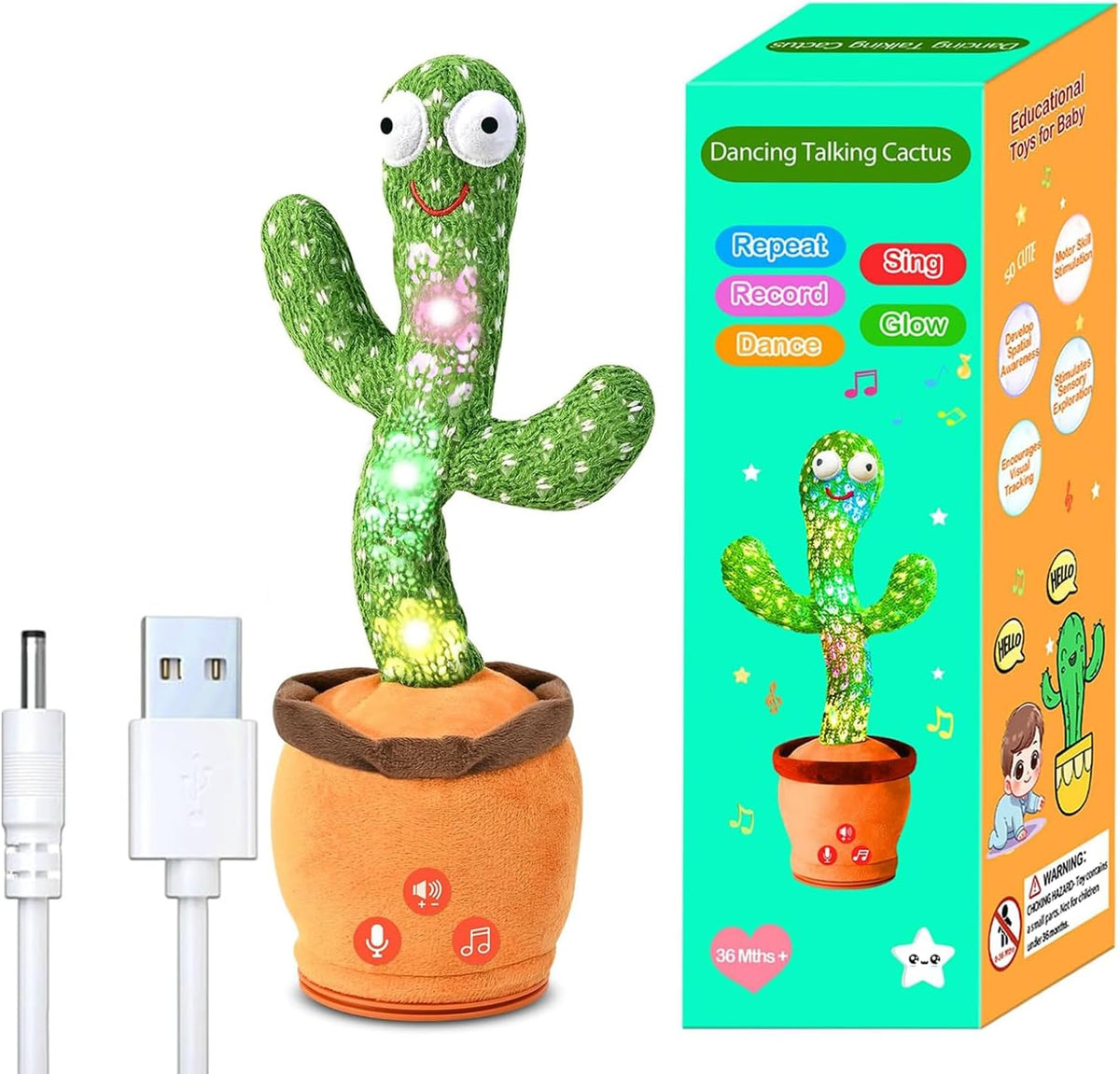 Adjustable Volume Dancing Talking Cactus Baby Toy for 0-6 Months, 4-Level Volume Control, 120 English Songs