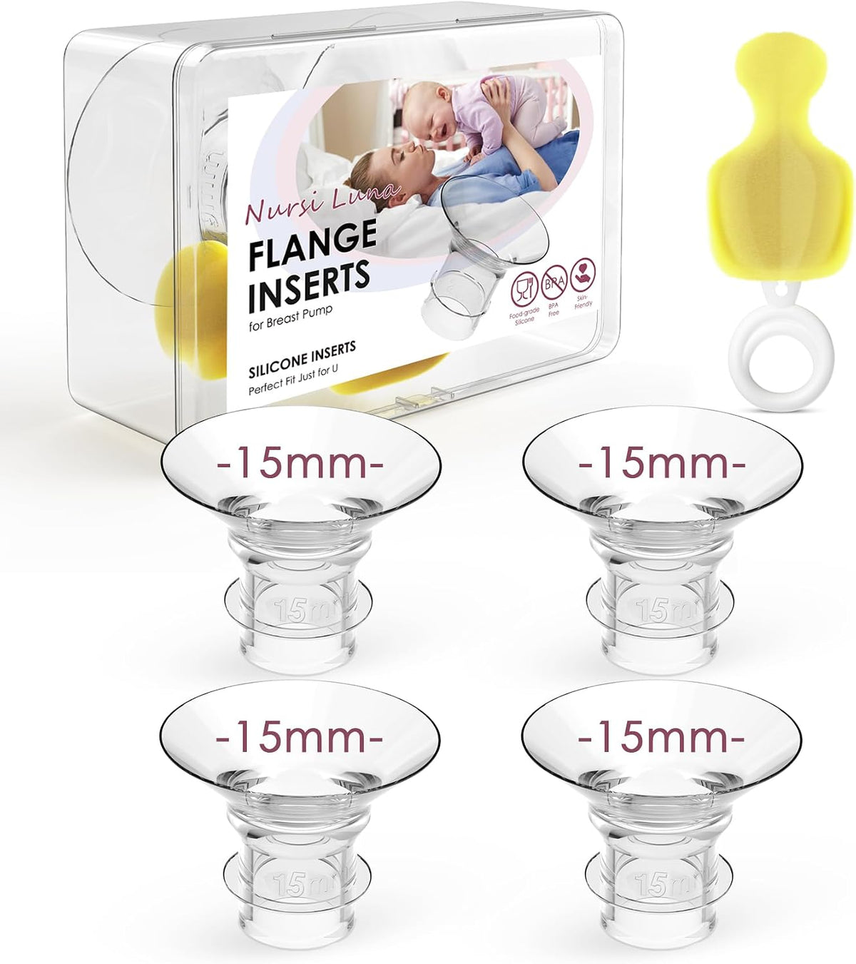 Nursi Luna Flange Sizing Kit, Flange Inserts for 24mm Breast Pumps, 10PCS | 13/15/17/19/21mm, Includes Nipple Sizer for Flanges to Find the Right Fit, Soft Silicone for Comfortable & Efficient Pumping