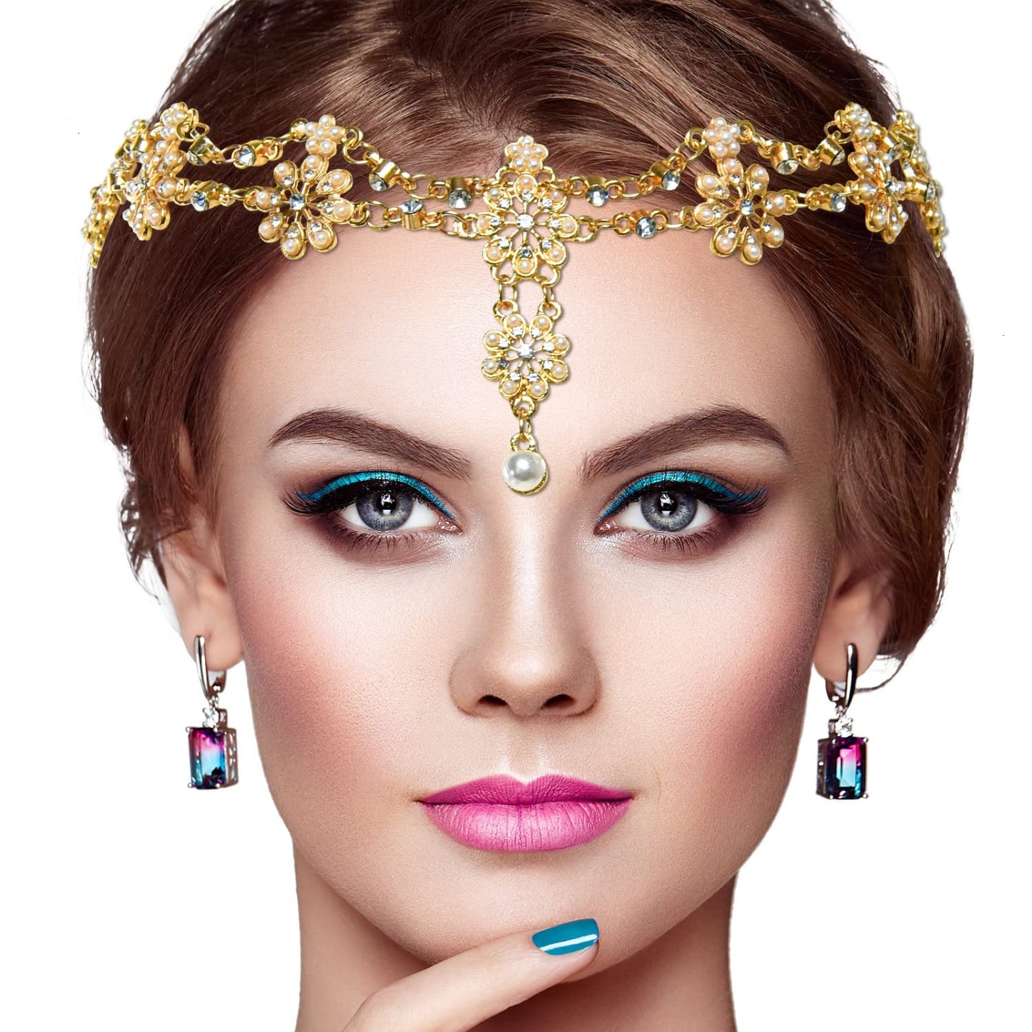 Gonioa Head Chain Jewelry Headband Crystal Bohemian Hair Accessories With Peal Women Head Chains Forehead Chain Rhinestone Headp