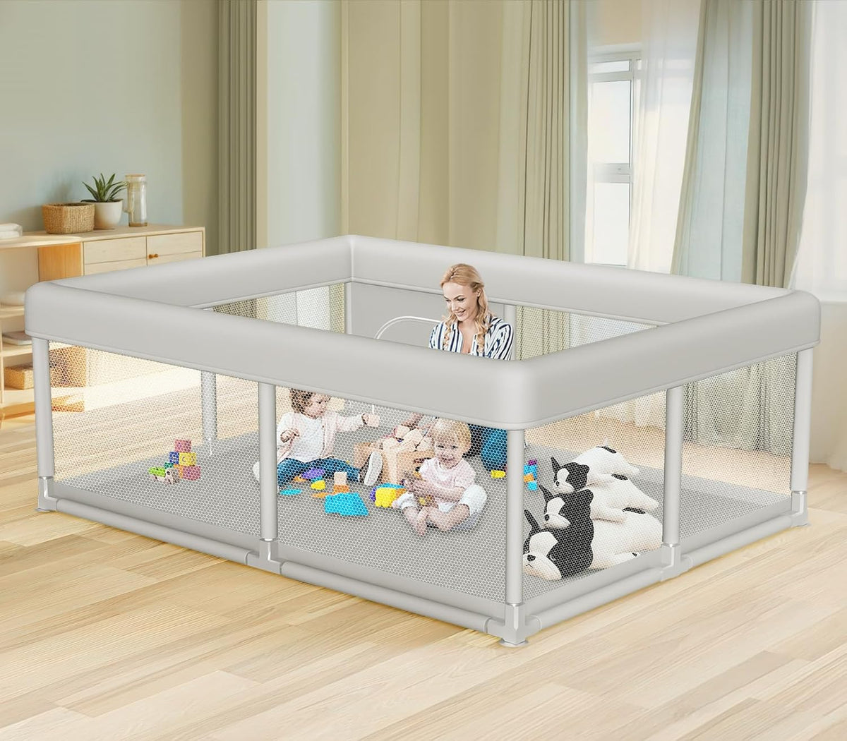 Hiaksedt Baby Playpen 50x50 Inch, Play Pens for Babies and Toddlers | Baby Fence for Indoor & Outdoor, Sturdy Safety Play Yard with Soft Breathable Mesh, Anti-Fall, Grey