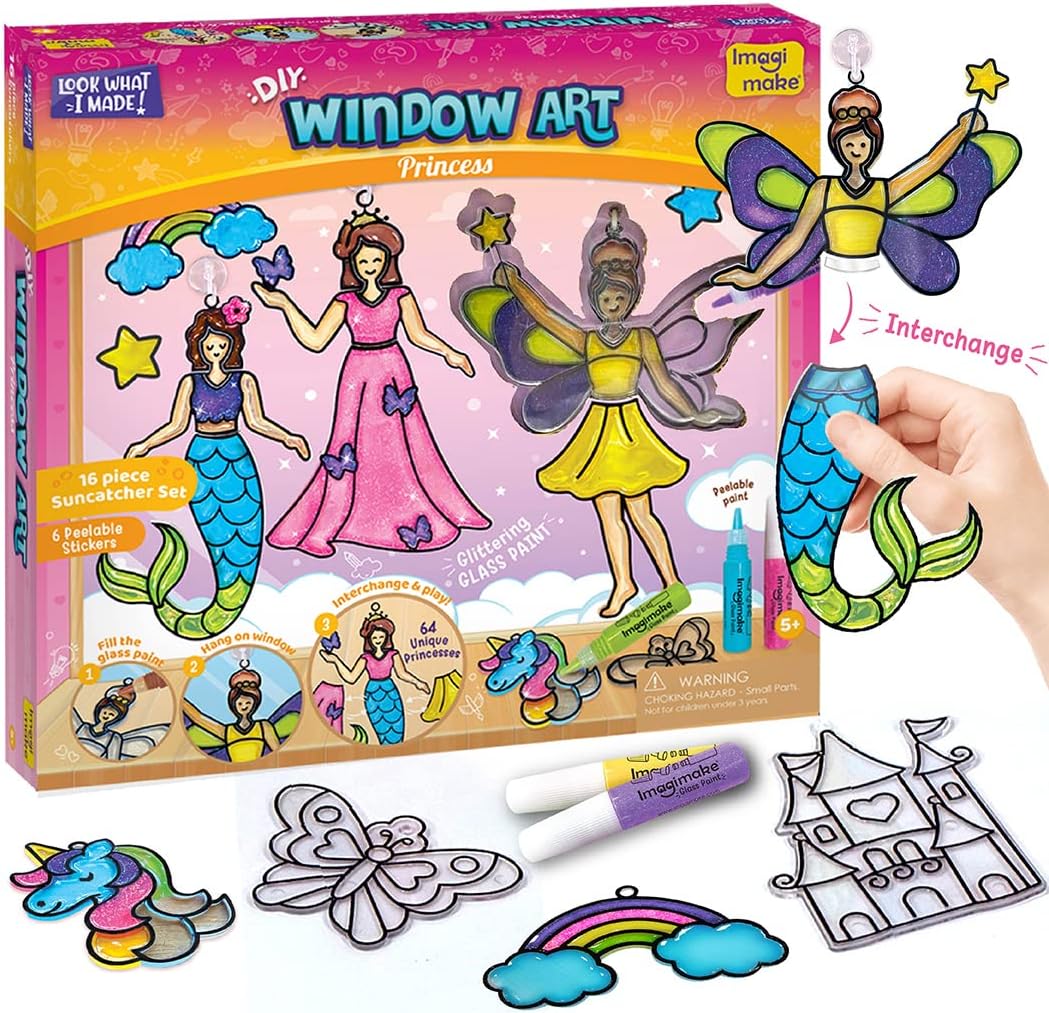 Imagimake Window Art Princess & Unicorn | Mermaid Suncatcher Kit | 32 Pieces Glass Painting Set | Kids Activities Ages 5-8 | DIY Craft Kit | Birthday Gift for Girls Ages 5,6,7,8,9,10,12 Years Old