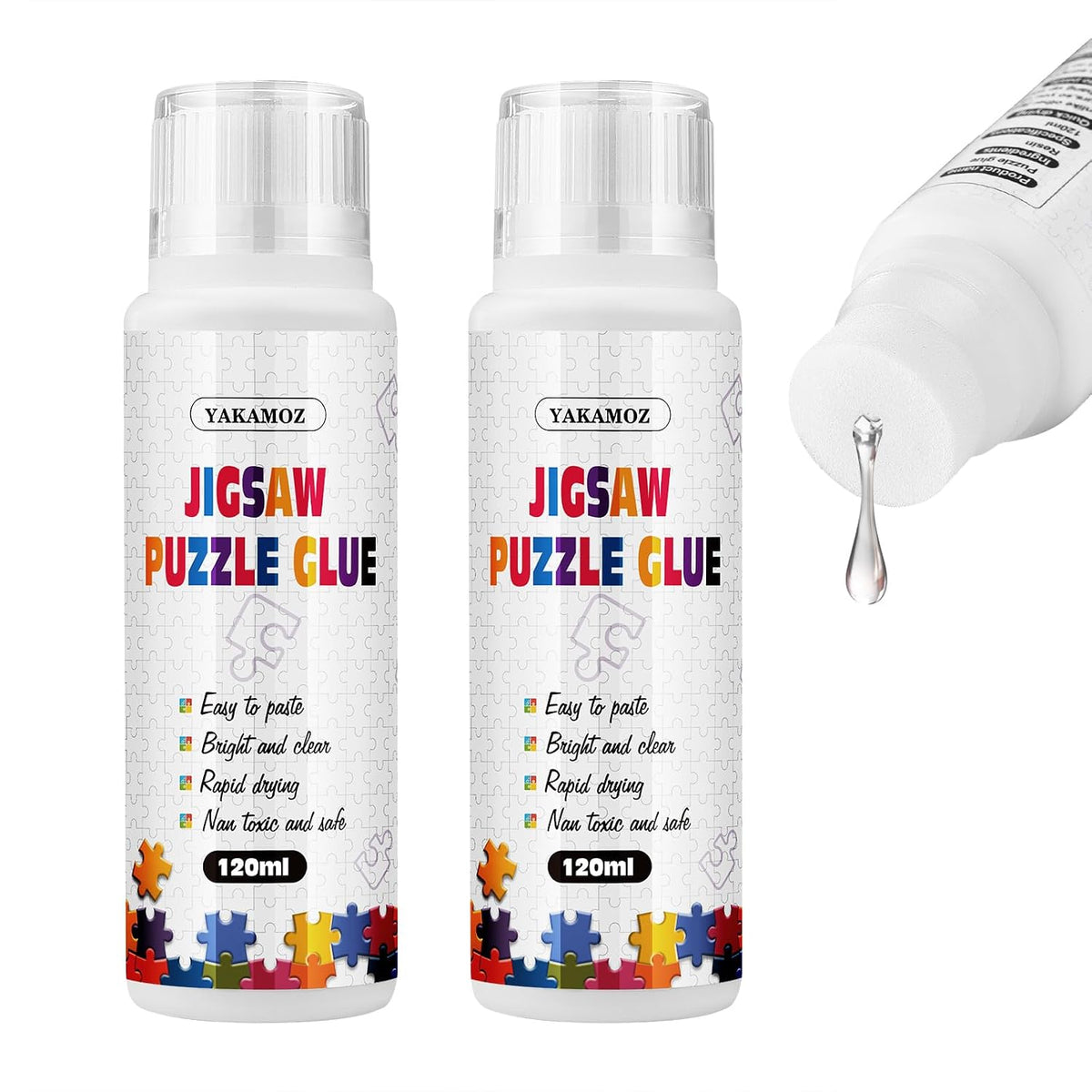 YAKAMOZ Jigsaw Puzzle Glue with Sponge Head for Adults Clear Water-Soluble Craft Puzzle Glue Quick Dry for 1000/1500/3000 Pieces of Puzzle,120ML