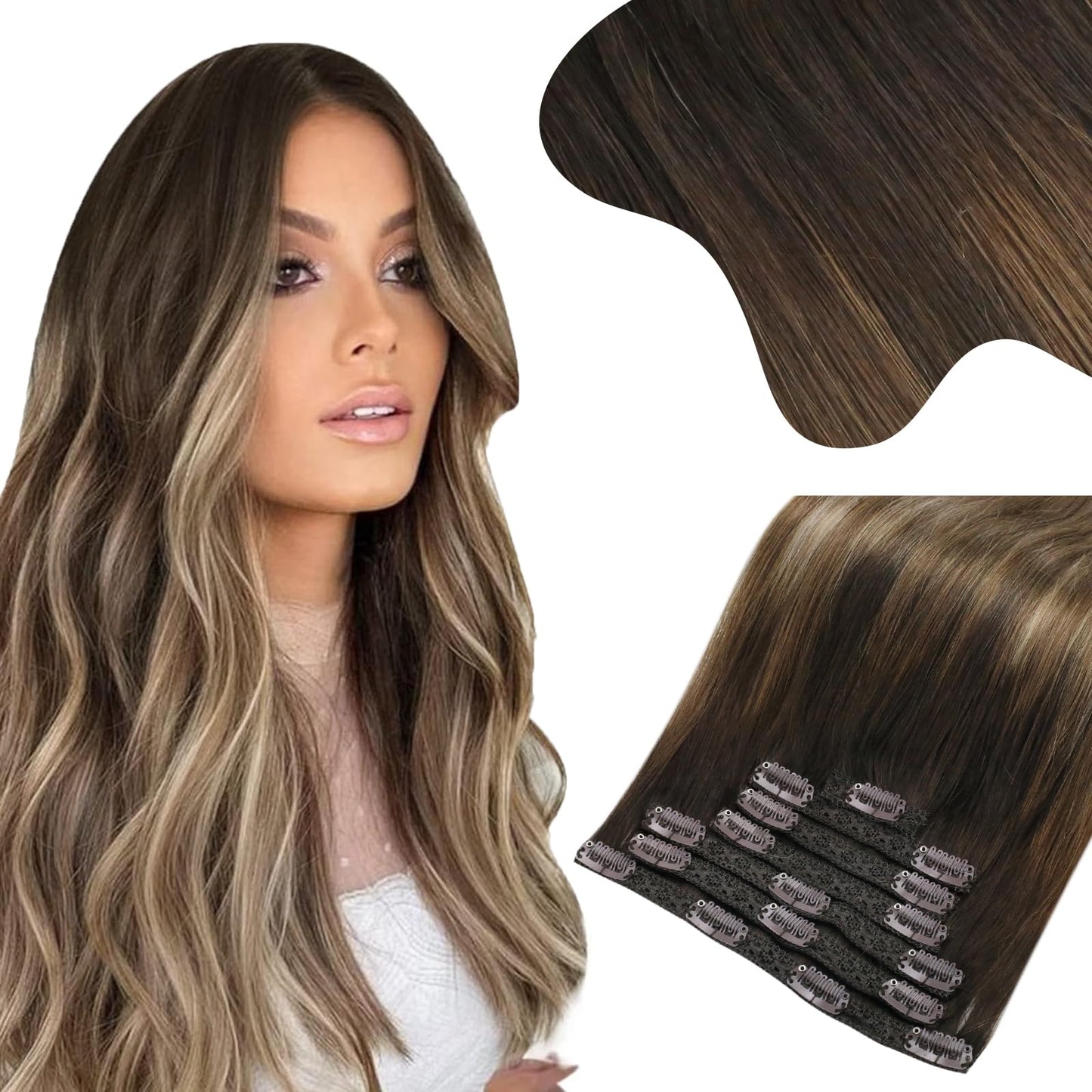 Moresoo Human Hair Clip In Extensions Ombre Real Hair Extensions Clip In Human Hair Balayage Dark Brown To Dark Ash Blonde With