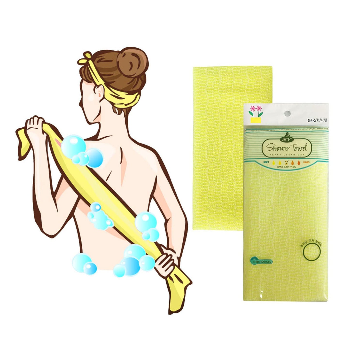 Premium Exfoliating Washcloth Towel(Yellow) Korean Loofah Bath Sponge Long Back Scrubber African Bath Sponge African Long Net Fo