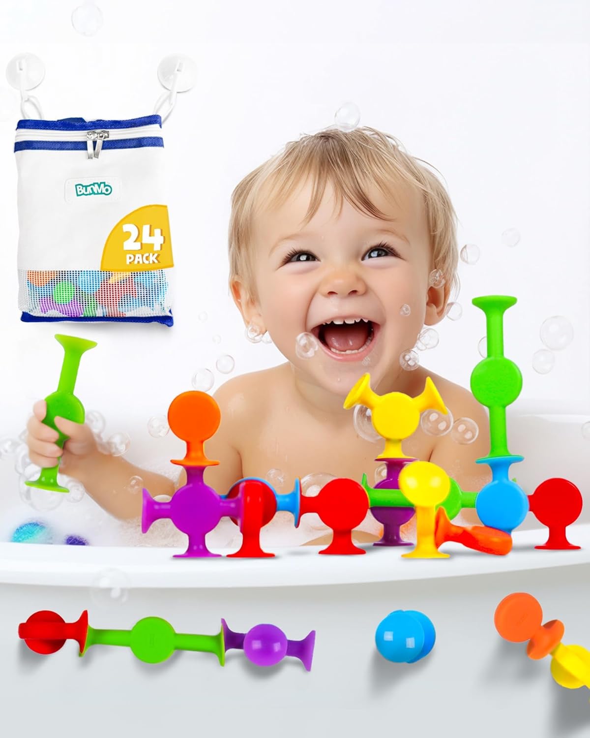 BUNMO Bath Toys Suction - Connect, Build, Create - Toddler Sensory Toys - Fine Motor Skills