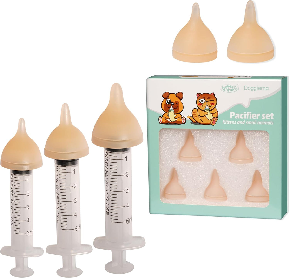 Doggiema Kittens Feeder Bottle,Silicone Feeding Nipple and Syringes | Angled Bottle suitable for kitten feeding,Bottle ventilation system,Three types of nipple can cover kitten's different ages
