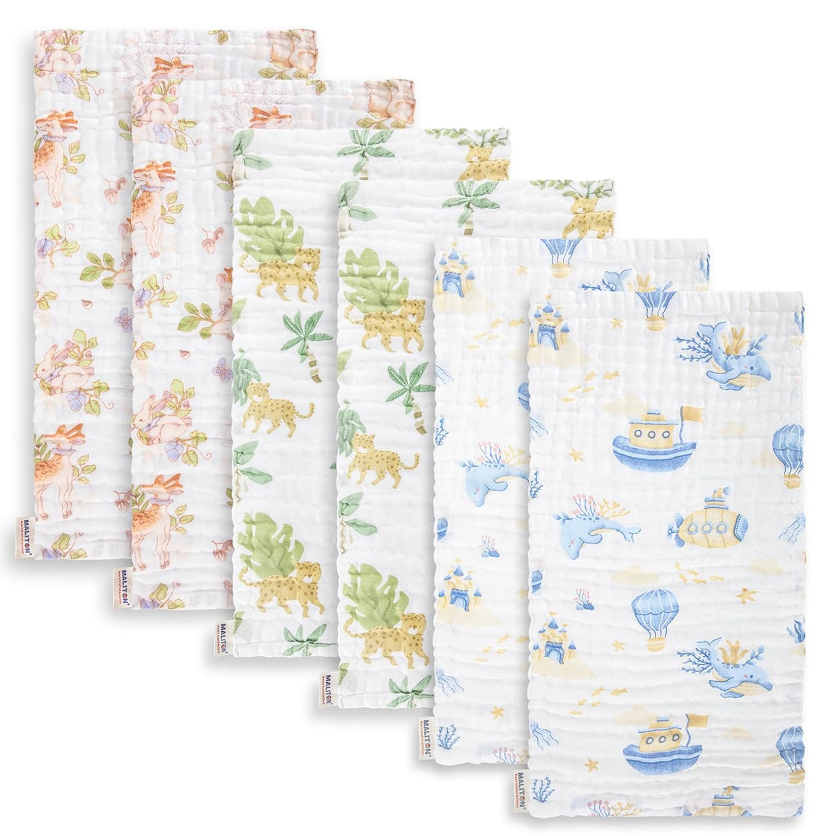 Maliton Muslin Baby Burp Cloths 6 Pack Large 20''x10'' 100% Cotton Burp Rags Absorbent and Soft 6 Layers Muslin Cloth Baby Essentials for Newborn(Zoo Pattern, Pack of 6)