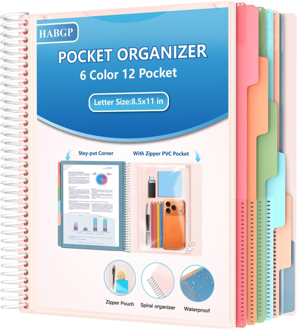 HABGP 12 Pocket Plastic folders with Pockets, 6 Colors Multi Pocket Folder Binder with Dividers, Office Organizer Folder Letter Size School Supplies