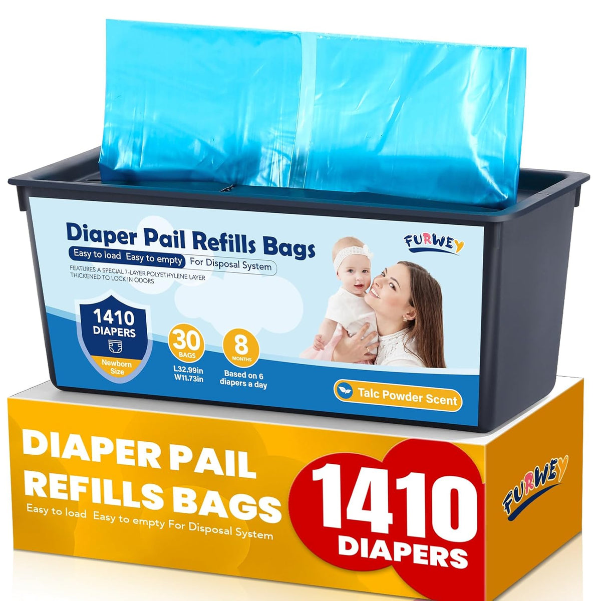 FURWEY Diaper Pail Refill Bags, 2-Pack (60 Bags), 30 Bags Per Refill | Compatible with Genie Easy Roll Signature Diaper Pails, Holds Up to 4230 Newborn Diapers, 7 Layer Odor Barrier, Scented