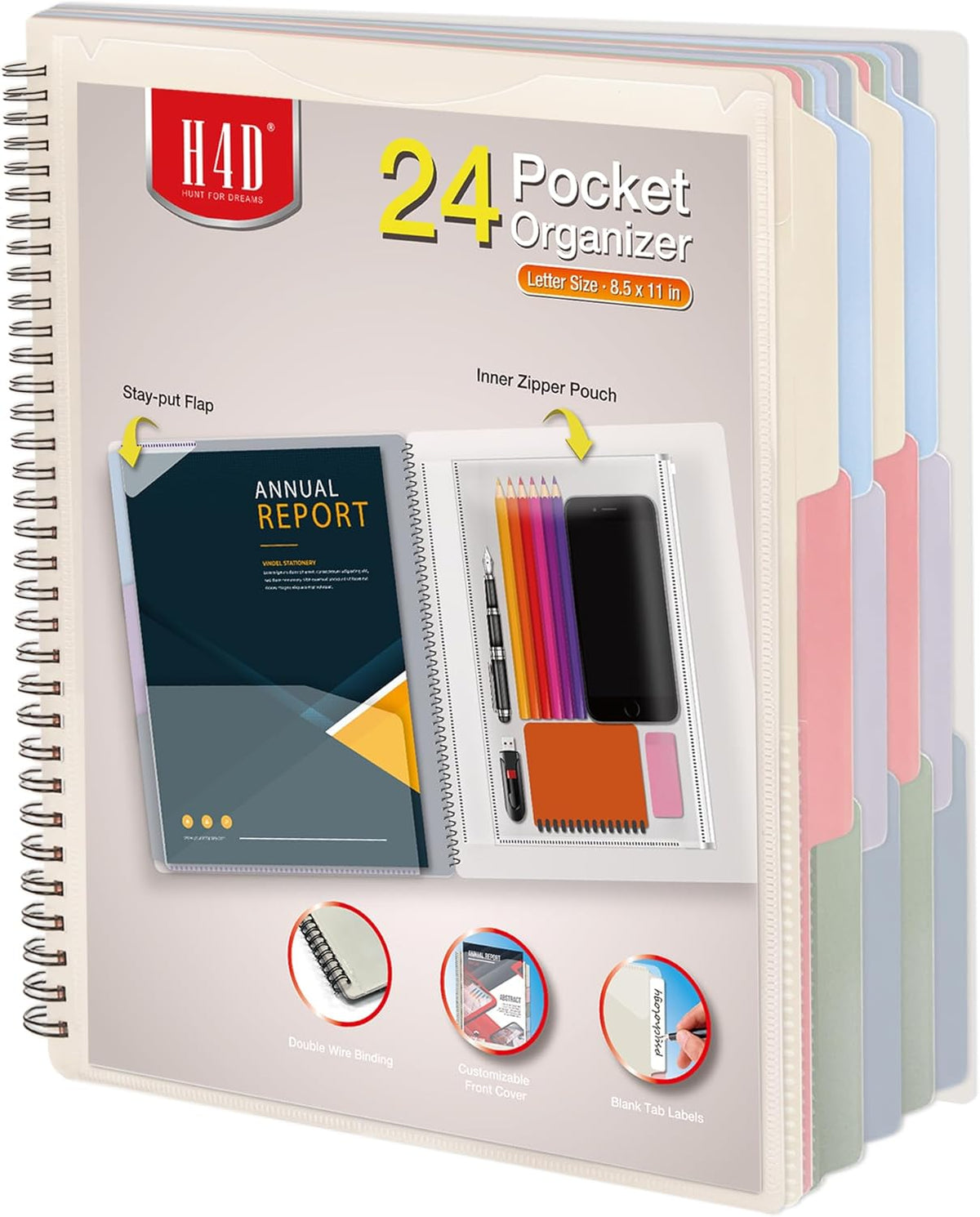 H4D 12 Pocket Poly Project Organizer, Spiral Multi Pocket Folder Organizer, Multi-Subject Folder Notebook, Letter Size