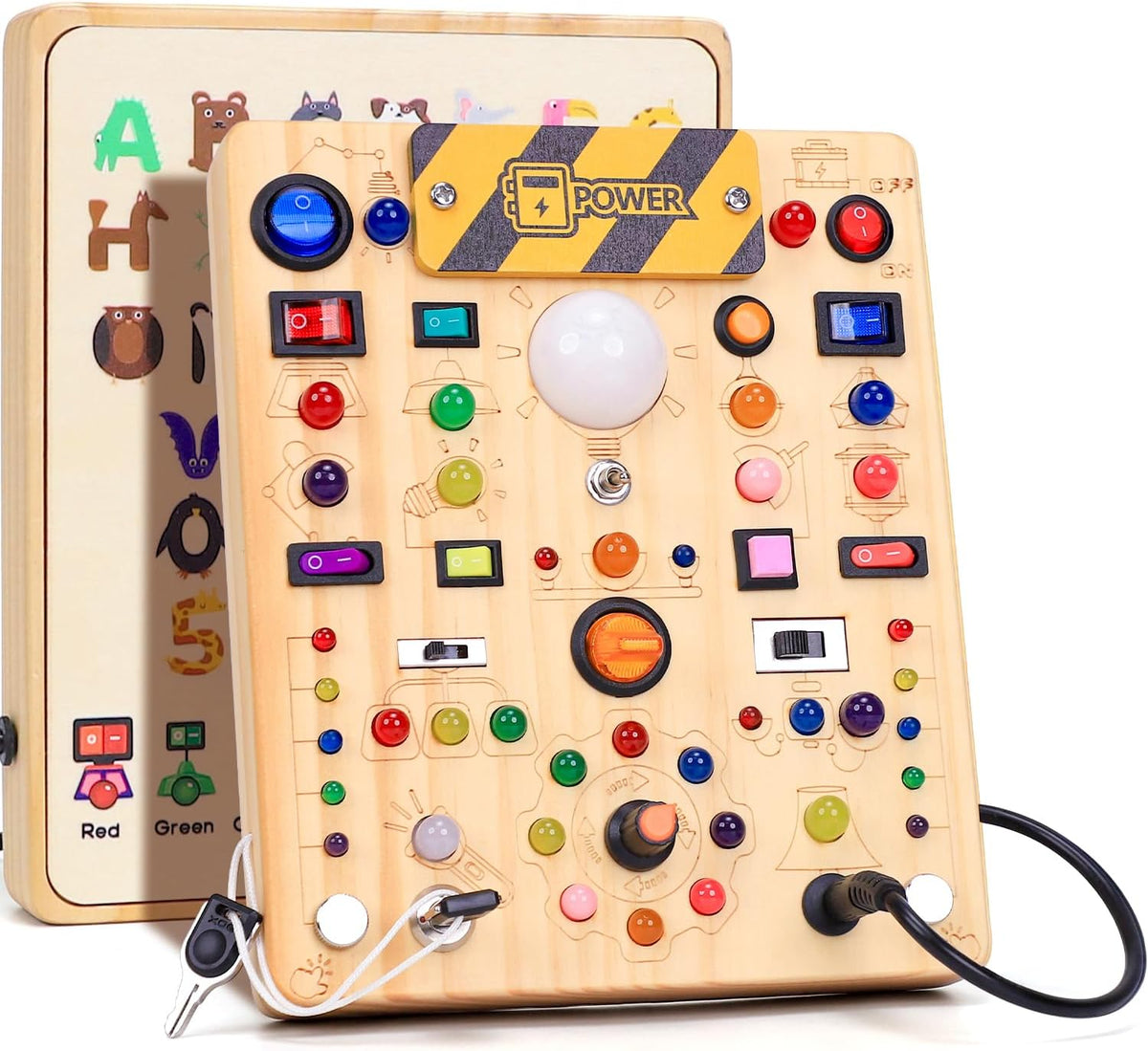 Busy Board for Toddlers with LED Light Switches, 13 Unique Switches, 24 LED Lights, Montessori Toy for 1-3 Years Old