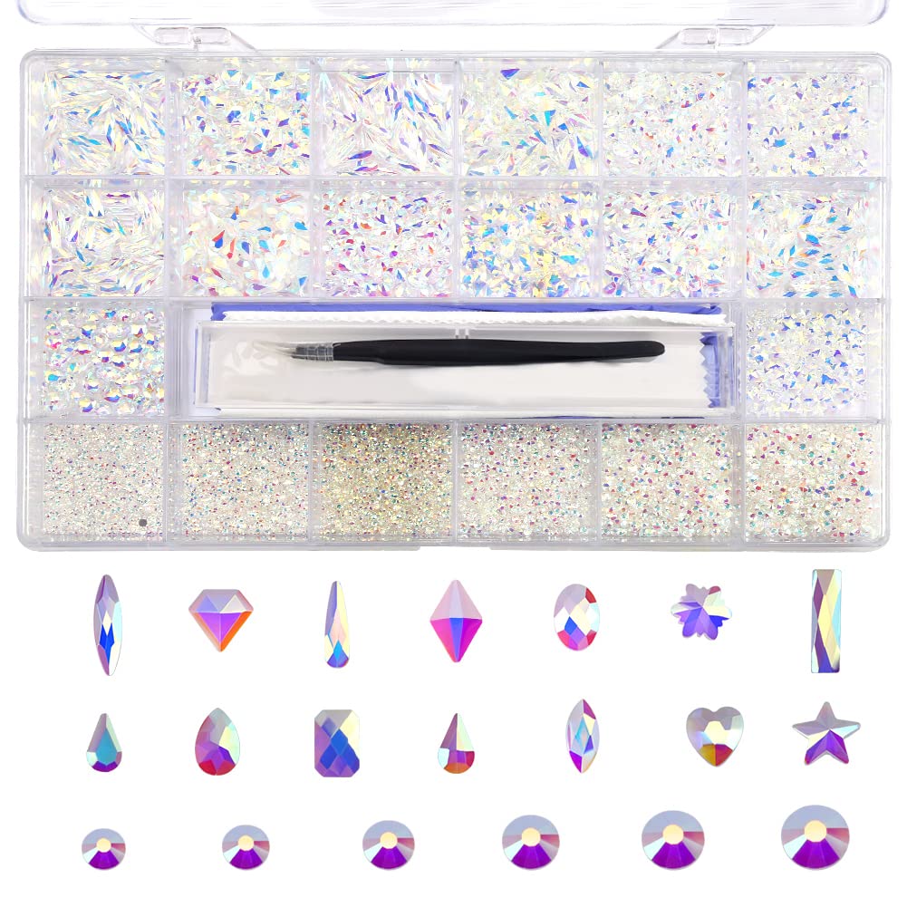 10000 Pcs Transparent Ab Crystal Flatback Rhinestones Set For Nail, Art, Crafts, Makeup, Tumblers Glitter Round With Tweezers An
